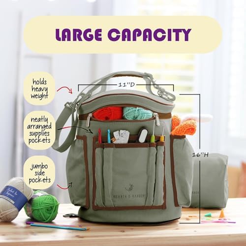 Hearth & Harbor Crochet Bag Organizer – Durable Knitting Bag, Yarn Organizer for Accessories and Supplies, Canvas Yarn Holder, Crochet Carrying Case with Accessories Pouch, Storage Organizer – Green - Image 2