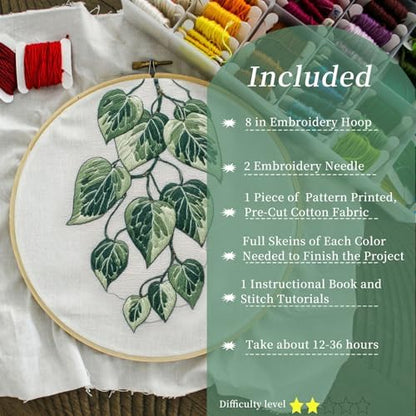 FONNUY Green Plants Embroidery Kit, Cross Stitch Kits for Beginners, Handmade Crafts with Printed Patterns for Beginner Adults, Easy to Follow Color Thread Needlework, 8'' Hoop (Drooping Leaves) - Image 2