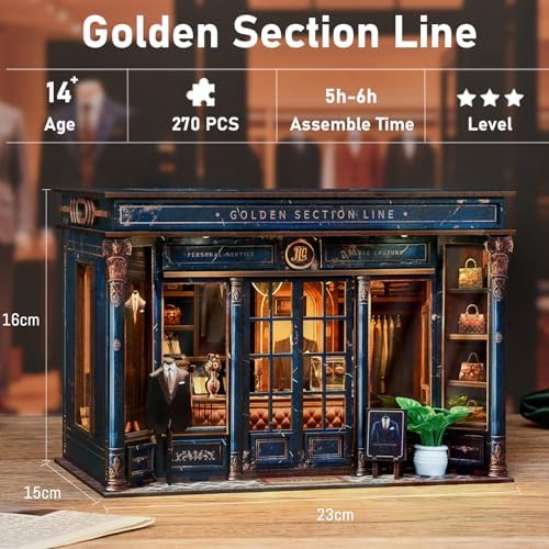 Book Nook Kit, DIY Miniature House Kit for Adult and Teens, 3D Wooden Puzzle Booknook Bookshelf Decor with LED Lights, Gift for Family, Friends, Father's Day, Age 14+ (Golden Section Line) - Image 3