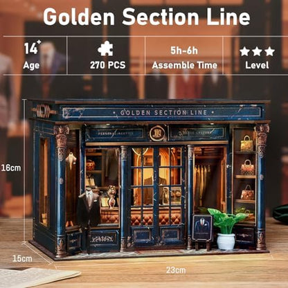 Book Nook Kit for Adults, Teens and Beginners, DIY Miniature Gentleman’s Clothing Store Bookend with LED Light, Wooden 3D Puzzle Bookshelf Decor, Creative Gift – Golden Section Line - Image 6