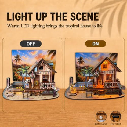 LED 3D Wooden Puzzle for Adults, DIY Miniature Hawaiian Beach House,Decor - Image 5