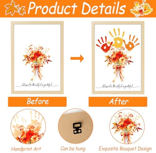 Fall Thanksgiving Flower Bouquet Handprint Art Craft DIY Kit Thanksgiving Day DIY Gifts Fall Thankful Family Handprint Art Keepsake with Wood Frame for Mom Dad Friend Holiday Birthday 12x16 Inch - Image 3