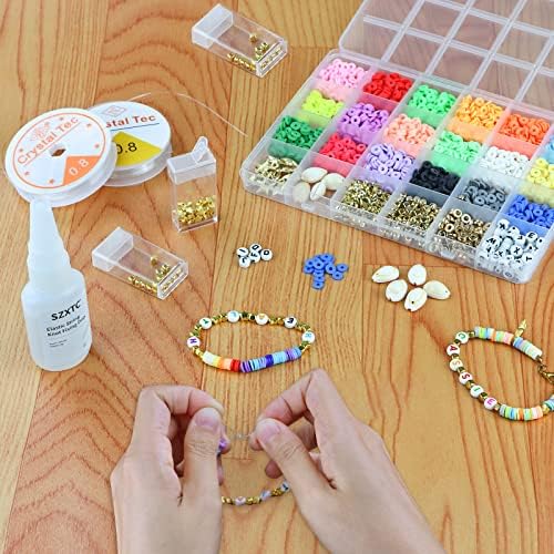 SZXTC 2 Pcs Clay Beads Bracelets Professional Elastic String Kont Fixing Drip, Keep Stretch String Braclet Stay Tied for Flat Round Polymer Heishi Beads Spacer Charm Friendship Jewelry Making Kit - Image 6