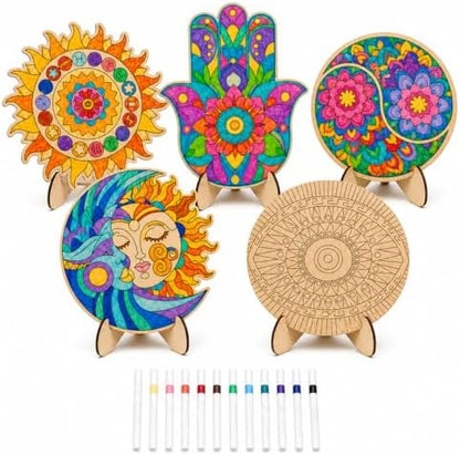 byvood 5 Pack Mandala Painting Set, Wooden Mandala Coloring Set with Markers, DIY Unfinished Wood Cutouts, Paint Your Own Wood Craft for Adults, Home Classroom Table Decor by Unknown
