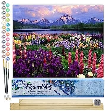 Figured'Art Paint by Numbers Kit for Adults Flowers and Lake Near The Mountain 16"x20" - Craft Art Painting Rolled Canvas with DIY Wooden Frame by FiguredArt