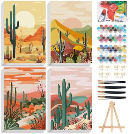 4 Pack Framed Paint by Numbers Kit for Adults with Wooden Easel, 8x12 Inch by Offito