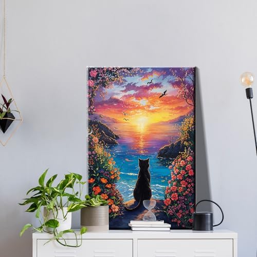 JOOZ Paint by Numbers Kit for Adults with Frame, Black Cat Paint by Number with Easel, DIY Seaside Sunset Flowers Paint by Numbers Landscape for Home Wall Decor 8 x 12 Inch - Image 3