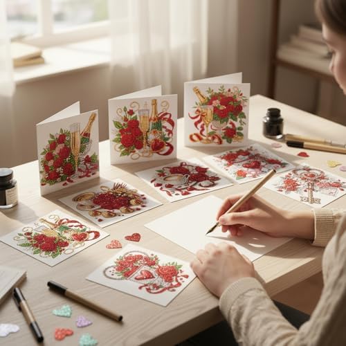 jinglinhh 12pcs Valentine's Day Diamond Art Painting Rose Flower Candle Tulip Coffee Greeting Cards with Envelopes, DIY Card Making Kits for Adults, Diamond Art Birthday Holiday Cards Gifts - Image 5