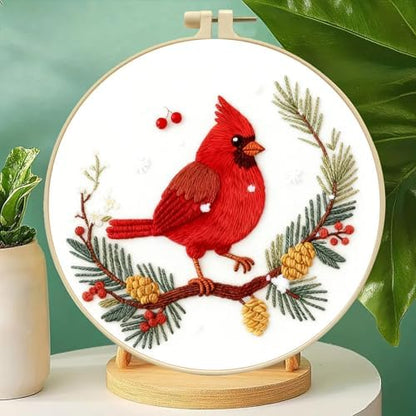 Zhenqing Cardinal Embroidery Kit for Beginners, Winter Red Bird Needlework Craft with Pre-Printed Cotton Fabric, Hoop, Threads & Tools, Holiday Decor (C0213) - Image 2