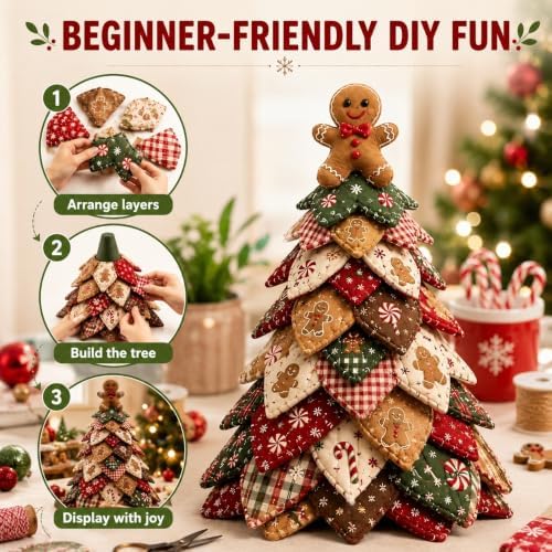 DIY Halloween Christmas Quilted Fabric Tree Kit, 3D Padded Patchwork Sewing Craft Kit for Beginners, Home Office Mantel Shelf Tabletop Decor, Handmade Holiday Gift for Craft Lovers (Christmas #D) - Image 4