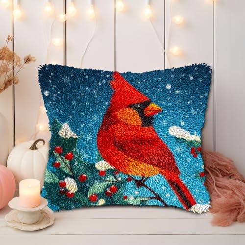 Cardinal Bird on Christmas Red Flower Latch Hook Pillow Kits for Adults DIY Pillow Cover Printed Pillowcase Crochet Yarns Hooking Handmade Cushion for Home Sofa Decor 17x17inch(4) - Image 5