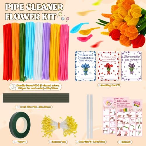 Anyeve 800PCS Pipe Cleaners Flower Kit, Pipe Cleaner Bulk Craft Flower Making Kit with Instruction, 8 Colors Thick Chenille Stems for Arts DIY Craft Supplies with Gardening Tape, Floral Wires, Stamen - Image 2