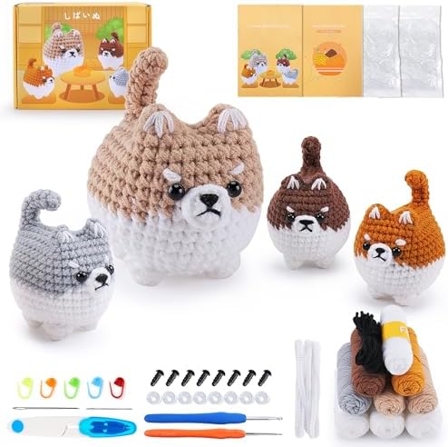 Crochet Kit for Beginners- 4 PCS Fat Shiba Inu Crochet Kits for Adults, 4PCS Corgi Dog Crochet Animal Kit with Step-by-Step Video Tutorials, Yarn, Crochet Hook, Instructions DIY Knitting Kit by Auspiciousbeginning