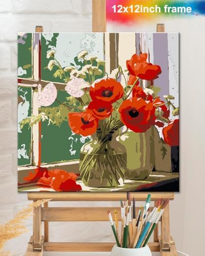 TOCARE Framed Paint by Numbers Kit for Adults Beginners, 12x12inch Red Flower Paint by Number with Frame,Easy Window Flowers Poppies Paint by Numbers Framed Canvas (Without Easel) - Image 6