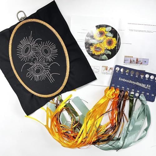 FONNUY Ribbon Embroidery 3D Flowers Pattern Design Kit Embroidery DIY Handwork Set Oval Home Decoration (Sunflower) - Image 4