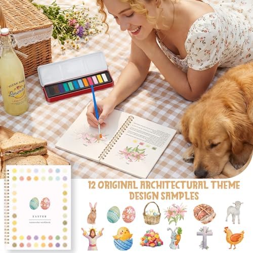 Watercolor Workbook - Beginner Friendly Watercolor Kit with 12 Colors Paint Set, Brush & Coloring Book, Adult Watercolor Painting Book & Learning Workbook for Teens（Easter） - Image 3