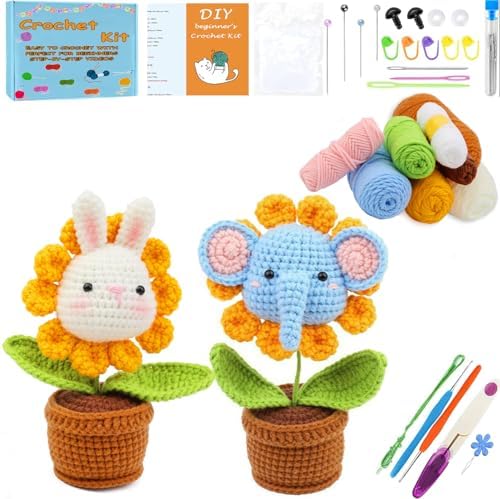 2 PCS DIY Flower Crochet Kit for Beginners Animal Potted Plants Starter Knitting Kit Complete Learn to Crochet Pot for Adults Art Craft Supplies Gift with Step-by-Step Video Tutorials and Pattern - Image 2