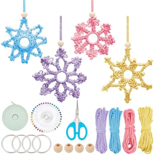 ACRNIGHEET 4pcs Snowflake Christmas Macrame Kit for Beginners, Xmas Tree Hangings Kits, Learn to Macrame with Step-by-Step Tutorials, Christmas Gifts by ACRNIGHEET
