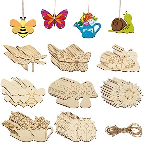 80PCS Wooden Spring Ornaments to Paint, 8 Styles DIY Blank Unfinished Wood Cutouts Ornament for Home Crafts Hanging Decorations, Insect Dragonfly Butterfly Snail Watering Can Mushroom Flower Shape by Sophena