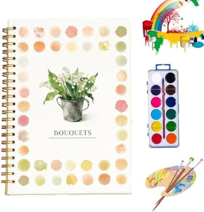 Clhjinruoliu Water Color Workbook,Animals Flowers Ocean Water Coloring Book, Nature Scenes Paint Set Art Crafts, Beginner-Friendly Watercolor Workbook, with 12 Colors Paints Set with Paint Brush,Bouqu by clhjinruoliu
