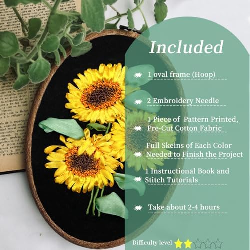 FONNUY Ribbon Embroidery 3D Flowers Pattern Design Kit Embroidery DIY Handwork Set Oval Home Decoration (Sunflower) - Image 2
