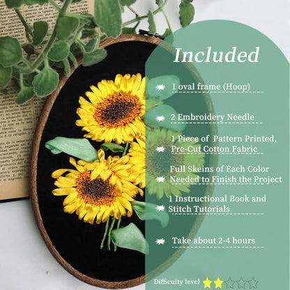 FONNUY Ribbon Embroidery 3D Flowers Pattern Design Kit Embroidery DIY Handwork Set Oval Home Decoration (Sunflower) - Image 2