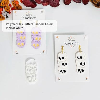 Xaekicr Halloween Skull Polymer Clay Cutters – 3-Stacked Skull Shape Clay Earring Cutters for DIY Jewelry, Polymer Clay Molds, Clay Tools – Halloween Cookie & Earring Making Supplies