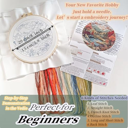 FONNUY Embroidery Kit for Beginners, Boho Nature Landscape Pre-Stamped Pattern Kits for Adults with Hoop, Easy to Follow Color Thread Needlework, 8'' Hoop (Flowers Hills) - Image 3