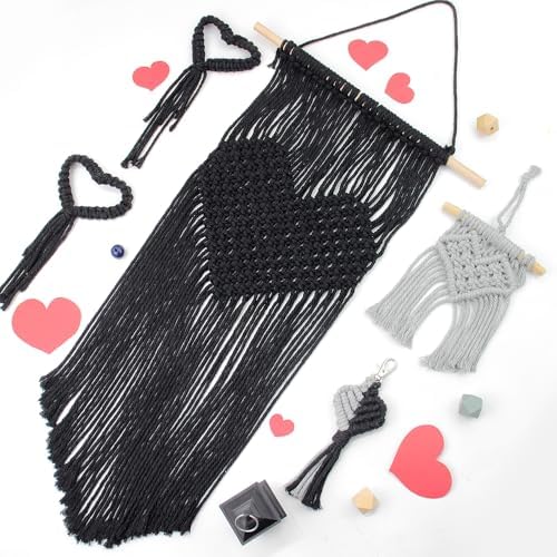 BUFANTL DIY Macrame Heart Kit for Beginners, 5-Piece Starter Set with 2 Wall Hangings, 1 Keychain & 2 Napkin Rings, Boho Weaving Craft Kit for Adults. - Image 6