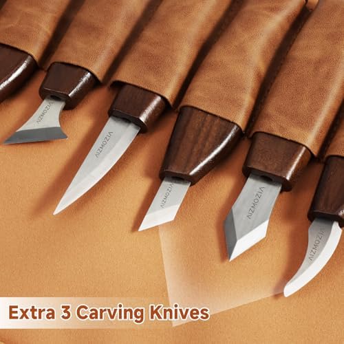 Wood Carving Kit, 17Pcs Wood Carving Tools, Professional Whittling Knife Set, Wooden Hand Knives with Sheath & Deluxe Leather Roll Bag for Beginners Adults & Starter Woodworking - Image 3