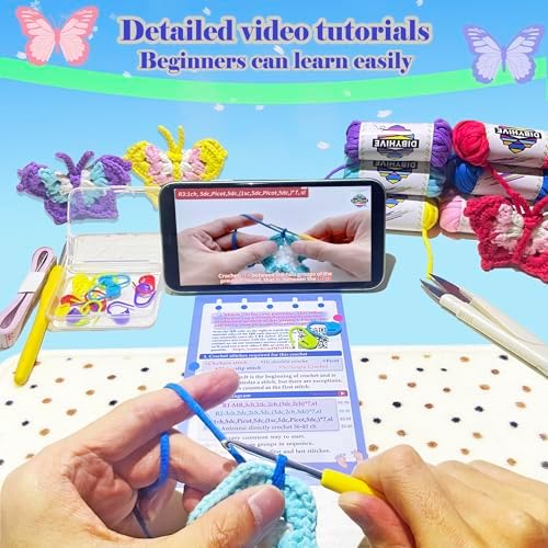 DIBYHIVE Crochet Kit for Beginners,Complete Video Tutorials,3D Butterfly Crochet Kit,Suitable for Adults and Kids,Includes Explanations of Basic Crochet Stitches - Image 3