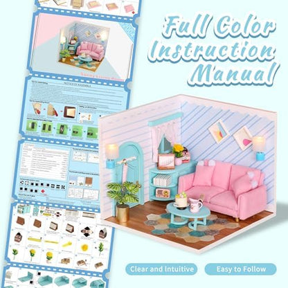 Kisoy Dollhouse Miniature with Furniture Kit, DIY 3D Wooden DIY House Kit A Corner of a Small Apartment Style with Dust Cover & LED, Handmade Tiny House Toys for Adults and Teens Gift（Living Room） - Image 5