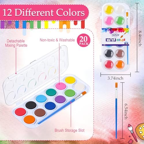 Nuanchu Gifts Bulk Watercolor Paint Washable Watercolor Paint Kits Palette and Brushes Portable Water Color Supplies for Adults, Beginners Artists Graduation Gift(20 Pack,12 Colors) - Image 3