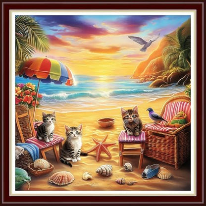 Joyhoor Cross Stitch Kits for Beginners Stamped Cross-Stitch Supplies Needlework preprint Embroidery Kits for Adults DIY Needlepoint Kit Embroidery Patterns 11CT-Beach Cat Scenery 18x18 inch by JoyhoorCrossStitchKits