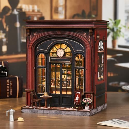 Book Nook Kit, DIY Miniature House Kit for Adult and Teens, 3D Wooden Puzzle Booknook Bookshelf Decor with LED Lights, Gift for Family, Friends, Age 14+ (Warmglow Coffee House) by MOSTCLOUD