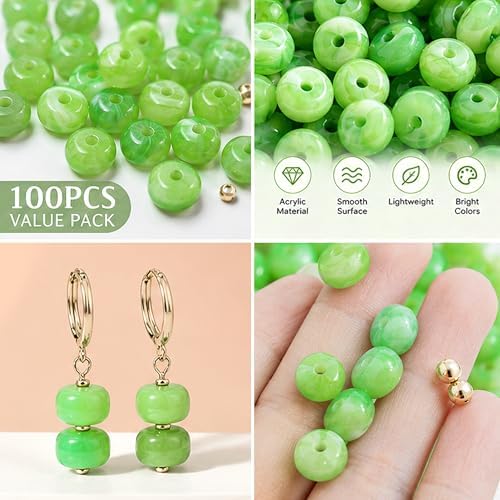 100Pcs 14mm Large Acrylic Beads for Jewelry Making, Chunky Marbled Round Focal Beads Bulk Set with Spacer Beads for DIY Bracelets Necklaces Keychains Bag Charms (Green) - Image 3