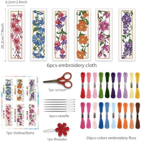 BEUNITONE 6 Pcs Flower Cross Stitch Bookmarks Kit for Adults Beginner DIY Stamped Embroidery Bookmark Kit with Instructions Cute Stamped Embroidery Bookmark for Book Lovers Handmade Gift 8''x2.4'' - Image 2