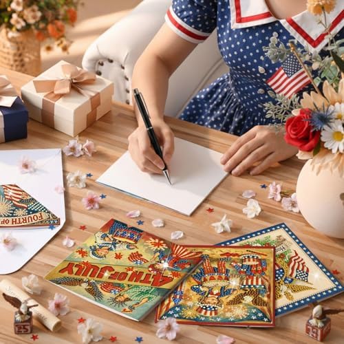 Saillong 12 Pack Vintage 4th of July Diamond Painting Greeting Card Kits Patriotic Diamond Art Cards with Envelopes Retro Red White Blue 5D Rhinestones Painting Making Kits for Adults DIY Craft Gifts - Image 2