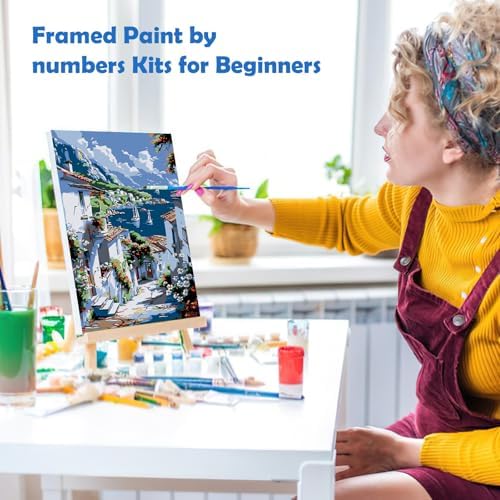MOGTAA Coastal Town Paint by Numbers Kit for Adults Beginners with Frame, Mountains and Sea Adult Paint by Number Kits on Canvas with Easel, Easy DIY Oil Painting Kits for Home Decor, 8x12in - Image 4