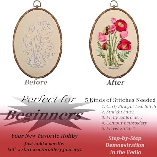 FONNUY Ribbon Embroidery 3D Flowers Pattern Design Kit Embroidery DIY Handwork Set Oval Home Decoration (Red Rose) - Image 4