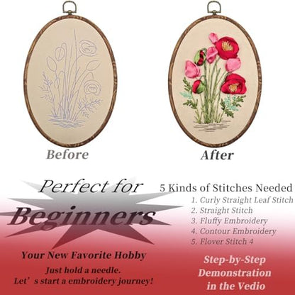 FONNUY Ribbon Embroidery 3D Flowers Pattern Design Kit Embroidery DIY Handwork Set Oval Home Decoration (Red Rose) - Image 4