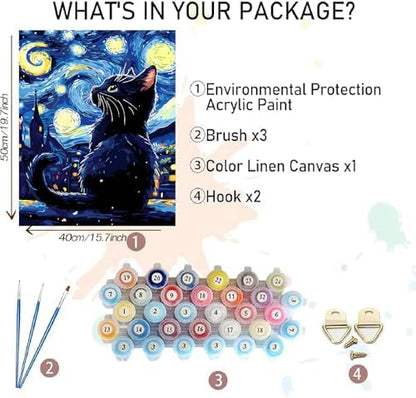 AALBLAC Black Cat Paint by Numbers Kit for Adults Beginners, Cat Adult Paint by Number Kits on Canvas, DIY Acrylic Starry Night Oil Painting for Home Wall Decor 16x20 Inch - Image 2