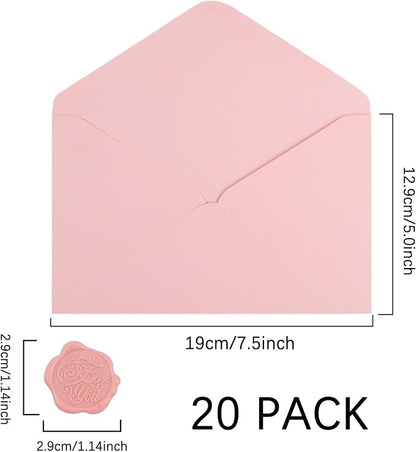 20 Pack Pink Envelopes 5x7 for Invitation, A7 Invitation Envelope with Wax Seal Sticker for Birthday, Weddings, Graduations, Greeting Cards, Baby Shower Invite
