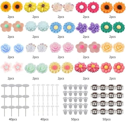 SUNNYCLUE 1 Box DIY 20 Pairs Mixed Resin Flower Flatback Cabochon Studs Earring Kit Resin Rose Daisy Charms with Stainless Steel Post for Jewelry Making Arts Craft Supplies - Image 2