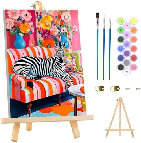 MAXBYE Paint By Numbers Kit for Adults with Frame and Wooden Easel, Zibra Sitting on a Sofa Acrylic Simple Oil Painting Kits for Beginners Gift Home Wall Garden Decor Any Festival 10×14 in by MAXBYE