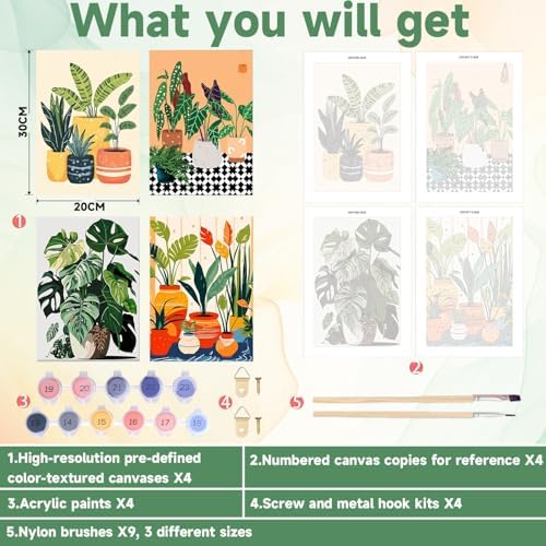 ICYANART 4 Pack Plant Paint by Numbers kit for Adults with Frame and Wooden - Image 3