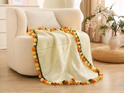 HZYZW Crochet Flower Blanket Kit for Beginners, 40'' Lily of The Valley Bouquet, Blanket Shawl Throw Kits for Adults, How to Knitting with Yarn, Home Decor Gifts for Crocheters (White-Yellow Lily) - Image 2