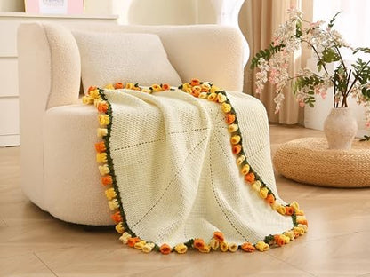 HZYZW Crochet Flower Blanket Kit for Beginners, 40'' Lily of The Valley Bouquet, Blanket Shawl Throw Kits for Adults, How to Knitting with Yarn, Home Decor Gifts for Crocheters (White-Yellow Lily) - Image 2