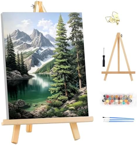 EOBROMD Framed Paint by Numbers Kits for Adults with Wooden Easel, Landscape Mountain DIY Kits Crafts for Beginner on Stretched Canvas, 3 Brushes and Acrylic Paint for Home Decor 10x14 Inch by EOBROMD