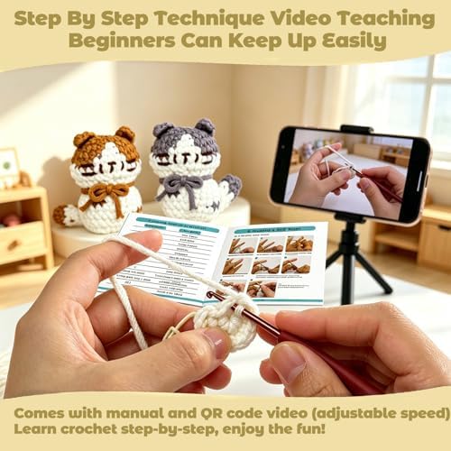 JueRum Cat Crochet Kit for Beginners – Step-by-Step Video Tutorials for Every Round, 40% Extra Easy Yarn, Complete Amigurumi Starter Kit for Adults & Teens, Perfect Beginner Crochet Gift - Image 3